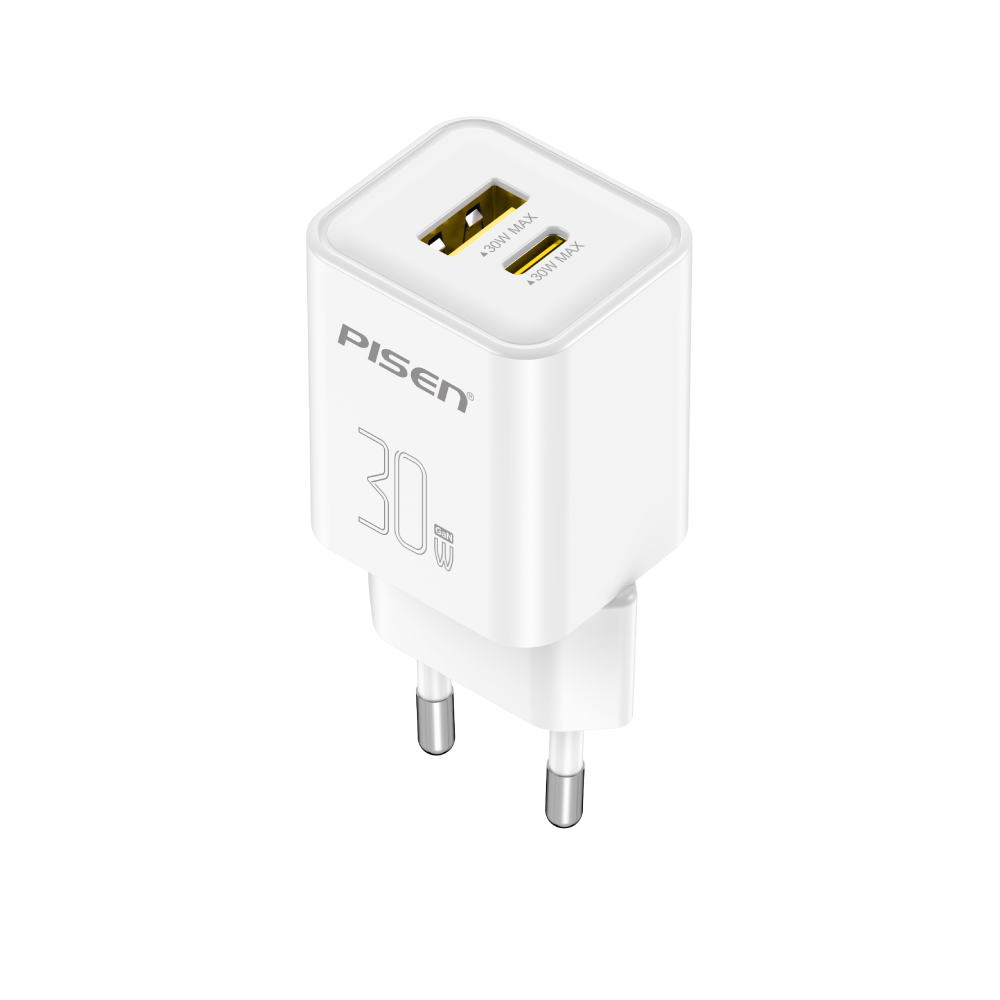 PISEN QUICK GAN TYPE-C+USB-A FAST WALL CHARGER (ADAPTER 1TYPE-C | 1TYPE-A | PD | PPS | QC3.0 | GAN | 30W) - WHITE