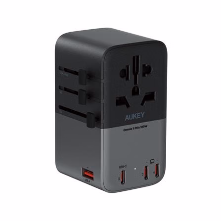 ปลั๊กแปลง 4 IN 1 UNIVERSAL 1 USB A 3 TYPE C AUKEY PA-TA09A 100 วัตต์ สีเทา